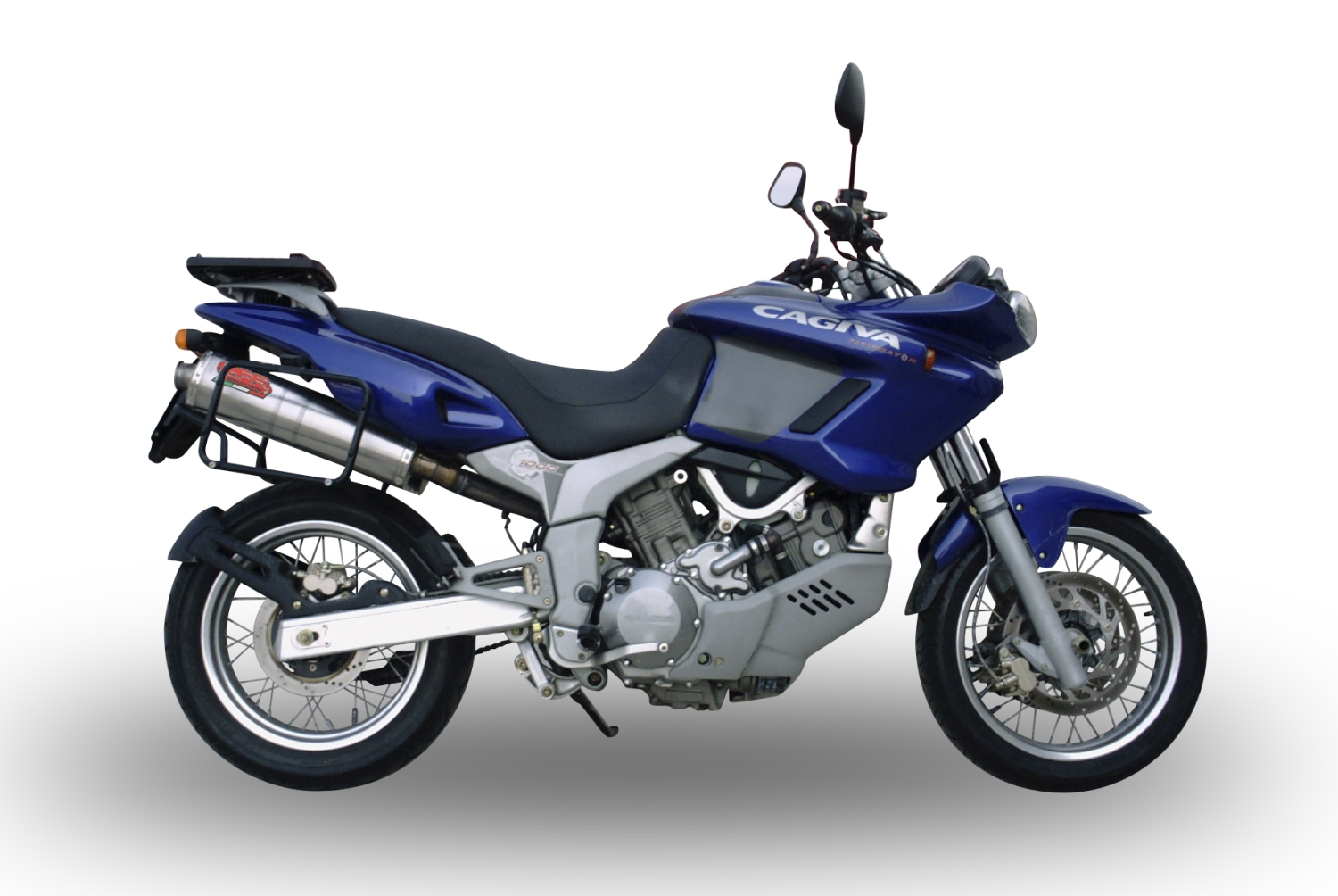 Escape compatível com Cagiva Navigator 1000 2000-2005, Trioval, Par de silenciosos de escape homologadas, com db killer removível e tubos de ligação específicos 