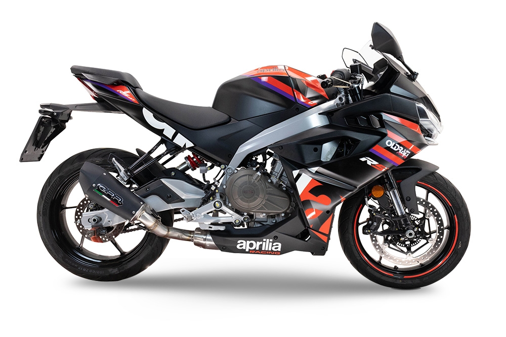 Escape compatível com Aprilia RS 457 2024-2025, Gpe Ann. Black titanium, Escape racing linha completa, silencioso mais coletor com dbkiller, não homologado 