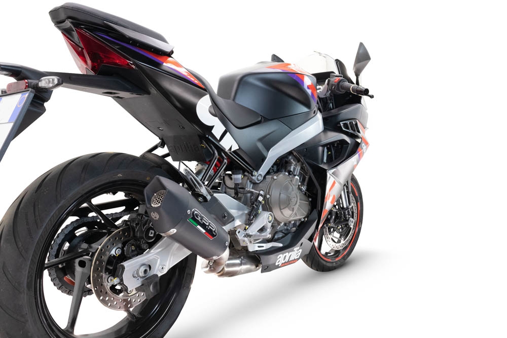 Escape compatível com Aprilia RS 457 2024-2025, Gpe Ann. Black titanium, Escape racing linha completa, silencioso mais coletor com dbkiller, não homologado 